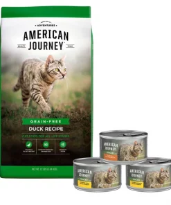 Bundle: American Journey Duck Recipe Grain-Free Dry Cat Food, 12-lb bag & Minced Poultry & Seafood in Gravy Variety Pack Grain-Free Canned Cat Food, 3-oz, case of 24