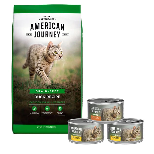 American Journey Duck Recipe Grain-Free Dry Cat Food, 12-lb bag & Minced Poultry & Seafood in Gravy Variety Pack Grain-Free Canned Cat Food, 3-oz, case of 24 Bundle: American Journey Duck Recipe Grain-Free Dry Cat Food, 12-lb bag & Minced Poultry & Seafood in Gravy Variety Pack Grain-Free Canned Cat Food, 3-oz, case of 24 -American Journey Sales 2024 253015 MAIN. SY630 V1600796783