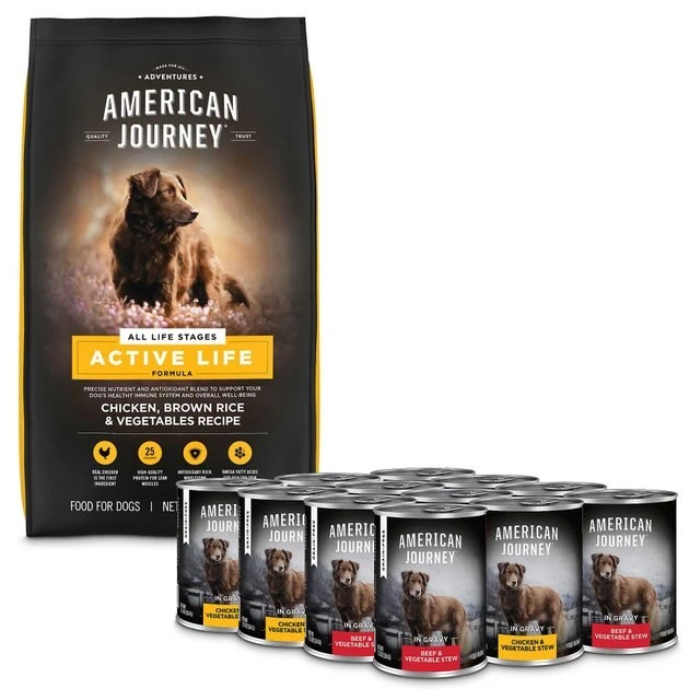 American Journey Active Life Formula Chicken, Brown Rice & Vegetables Recipe Dry Food + Stews Poultry & Beef Grain-Free Canned Dog Food 3 American Journey Active Life Formula Chicken, Brown Rice & Vegetables Recipe Dry Food + Stews Poultry & Beef Grain-Free Canned Dog Food