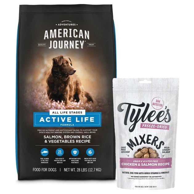 American Journey||Tylee's American Journey Active Life Formula Salmon, Brown Rice & Vegetables Recipe Dry Food + Tylee's Freeze-Dried Mixers for Dogs, Chicken & Salmon Recipe 3 American Journey||Tylee's American Journey Active Life Formula Salmon, Brown Rice & Vegetables Recipe Dry Food + Tylee's Freeze-Dried Mixers for Dogs, Chicken & Salmon Recipe