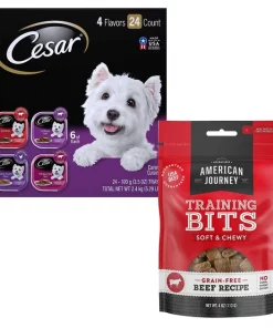 Cesar||American Journey Cesar Classic Loaf in Sauce Beef Recipe, Filet Mignon, Grilled Chicken, & Porterhouse Steak Flavors Food Trays + American Journey Beef Recipe Grain-Free Soft & Chewy Training Bits Dog Treats