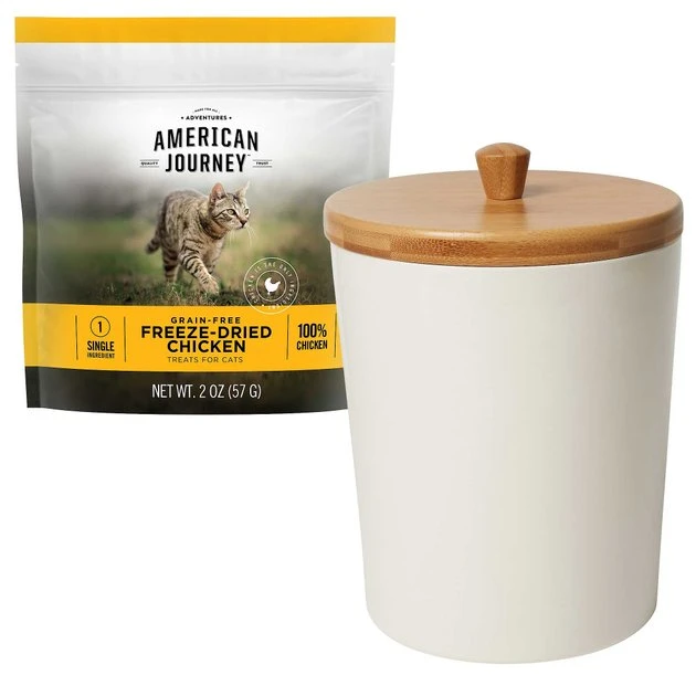 American Journey 100% Chicken Freeze-Dried Grain-Free Cat Treats, 2-oz bag + Frisco Melamine Dog & Cat Treat Jar with Bamboo Lid, 8 Cups American Journey||Frisco American Journey 100% Chicken Freeze-Dried Grain-Free Cat Treats + Frisco Melamine Dog & Cat Treat Jar with Bamboo Lid, 8 Cups -American Journey Sales 2024 297660 MAIN. SY630 V1623338973