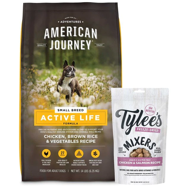 American Journey Active Life Formula Small Breed Chicken, Brown Rice & Vegetables Recipe Adult Dry Dog Food, 14-lb bag + Tylee's Freeze-Dried Mixers for Dogs, Chicken & Salmon Recipe, 18oz American Journey||Tylee's American Journey Active Life Formula Small Breed Chicken, Brown Rice & Vegetables Recipe Adult Dry Dog Food, 14-lb bag + Tylee's Freeze-Dried Mixers for Dogs, Chicken & Salmon Recipe, 18oz -American Journey Sales 2024 297680 MAIN. SY630 V1623339746