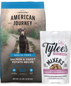 American Journey||Tylee's American Journey Healthy Weight Salmon & Sweet Potato Recipe Grain-Free Dry Dog Food, 24-lb bag + Tylee's Freeze-Dried Mixers for Dogs, Chicken & Salmon Recipe, 18oz