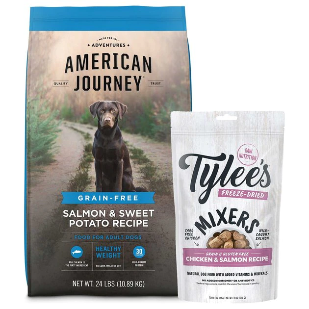American Journey Healthy Weight Salmon & Sweet Potato Recipe Grain-Free Dry Dog Food, 24-lb bag + Tylee's Freeze-Dried Mixers for Dogs, Chicken & Salmon Recipe, 18oz American Journey||Tylee's American Journey Healthy Weight Salmon & Sweet Potato Recipe Grain-Free Dry Dog Food, 24-lb bag + Tylee's Freeze-Dried Mixers for Dogs, Chicken & Salmon Recipe, 18oz -American Journey Sales 2024 297698 MAIN. SY630 V1621262252