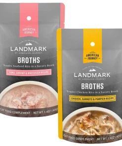 American Journey Landmark Broths Tuna, Shrimp and Whitefish Recipe Wet Cat Food Complement Pouches, 1.4 oz case of 16 + American Journey Landmark Broths Chicken, Carrots and Pumpkin Recipe Wet Cat Food Complement Pouches, 1.4 oz case of 16