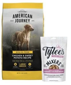 American Journey||Tylee's American Journey Large Breed Adult Chicken & Sweet Potato Recipe Grain-Free Dry Dog Food, 12-lb bag + Tylee's Freeze-Dried Mixers for Dogs, Chicken & Salmon Recipe, 18oz