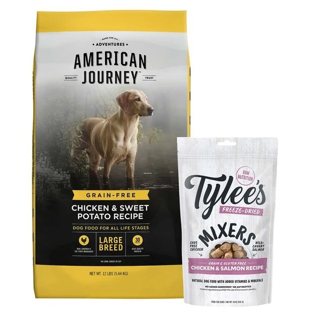 American Journey Large Breed Adult Chicken & Sweet Potato Recipe Grain-Free Dry Dog Food, 12-lb bag + Tylee's Freeze-Dried Mixers for Dogs, Chicken & Salmon Recipe, 18oz American Journey||Tylee's American Journey Large Breed Adult Chicken & Sweet Potato Recipe Grain-Free Dry Dog Food, 12-lb bag + Tylee's Freeze-Dried Mixers for Dogs, Chicken & Salmon Recipe, 18oz -American Journey Sales 2024 297746 MAIN. SY630 V1623338844