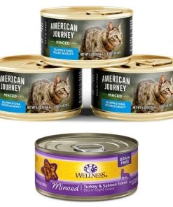 American Journey||Wellness American Journey Minced Salmon & Tuna Recipe in Gravy Grain-Free Canned Cat Food, 5.5-oz, case of 24 + Wellness Minced Turkey & Salmon Entree Grain-Free Canned Cat Food, 5.5-oz, case of 24