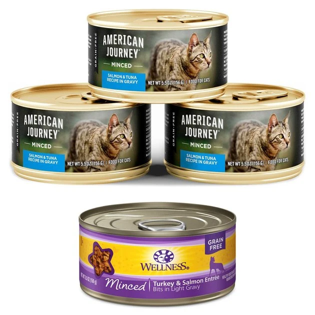 American Journey Minced Salmon & Tuna Recipe in Gravy Grain-Free Canned Cat Food, 5.5-oz, case of 24 + Wellness Minced Turkey & Salmon Entree Grain-Free Canned Cat Food, 5.5-oz, case of 24 American Journey||Wellness American Journey Minced Salmon & Tuna Recipe in Gravy Grain-Free Canned Cat Food, 5.5-oz, case of 24 + Wellness Minced Turkey & Salmon Entree Grain-Free Canned Cat Food, 5.5-oz, case of 24 -American Journey Sales 2024 297780 MAIN. SY630 V1621259546