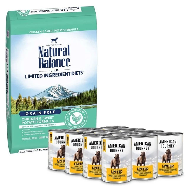 Natural Balance L.I.D. Limited Ingredient Diets Grain-Free Chicken & Sweet Potato Formula Dry Dog Food, 24-lb bag + American Journey Limited Ingredient Diet Chicken & Sweet Potato Recipe Grain-Free Canned Dog Food, 12.5-oz, case of 12 Natural Balance||American Journey Natural Balance L.I.D. Limited Ingredient Diets Grain-Free Chicken & Sweet Potato Formula Dry Dog Food, 24-lb bag + American Journey Limited Ingredient Diet Chicken & Sweet Potato Recipe Grain-Free Canned Dog Food, 12.5-oz, case of 12 -American Journey Sales 2024 298228 MAIN. SY630 V1623199654