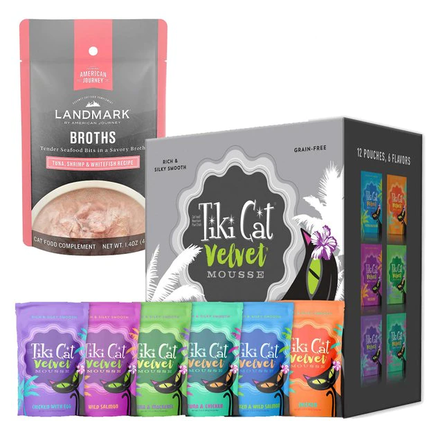 Tiki Cat Velvet Mousse Variety Pack Grain-Free Wet Cat Food, 2.8-oz pouch, case of 12 + American Journey Landmark Broths Tuna, Shrimp and Whitefish Recipe Wet Cat Food Complement Pouches, 1.4 oz case of 16 Tiki Cat||American Journey Tiki Cat Velvet Mousse Variety Pack Grain-Free Wet Cat Food, 2.8-oz pouch, case of 12 + American Journey Landmark Broths Tuna, Shrimp and Whitefish Recipe Wet Cat Food Complement Pouches, 1.4 oz case of 16 -American Journey Sales 2024 298552 MAIN. SY630 V1623203555