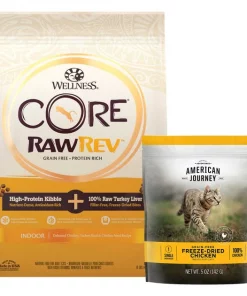 Wellness||American Journey Wellness CORE RawRev Grain-Free Indoor Recipe with Freeze-Dried Turkey Liver Dry Cat Food, 10-lb bag + American Journey 100% Chicken Freeze-Dried Grain-Free Cat Treats, 5-oz bag