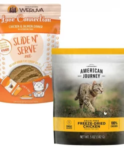 Weruva||American Journey Weruva Slide N' Serve Love Connection Chicken & Salmon Dinner Pate Grain-Free Cat Food Pouches, 5.5-oz pouch, case of 12 + American Journey 100% Chicken Freeze-Dried Grain-Free Cat Treats, 5-oz bag