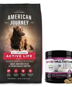 American Journey||PetHonesty American Journey Active Life Formula Beef, Brown Rice & Vegetables Recipe Dry Food + PetHonesty 10-for-1 Multivitamin with Glucosamine Soft Chews Dog Supplement