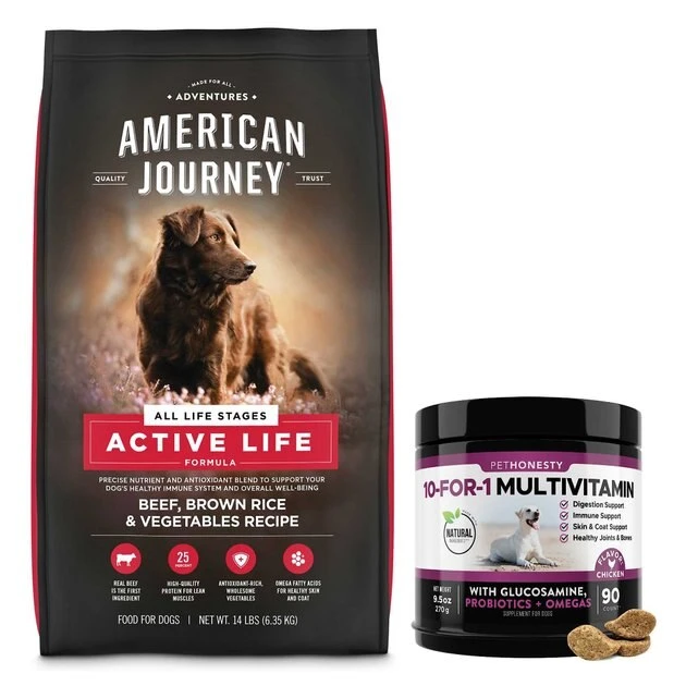 American Journey Active Life Formula Beef, Brown Rice & Vegetables Recipe Dry Food + PetHonesty 10-for-1 Multivitamin with Glucosamine Soft Chews Dog Supplement American Journey||PetHonesty American Journey Active Life Formula Beef, Brown Rice & Vegetables Recipe Dry Food + PetHonesty 10-for-1 Multivitamin with Glucosamine Soft Chews Dog Supplement -American Journey Sales 2024 301698 MAIN. SY630 V1622641052